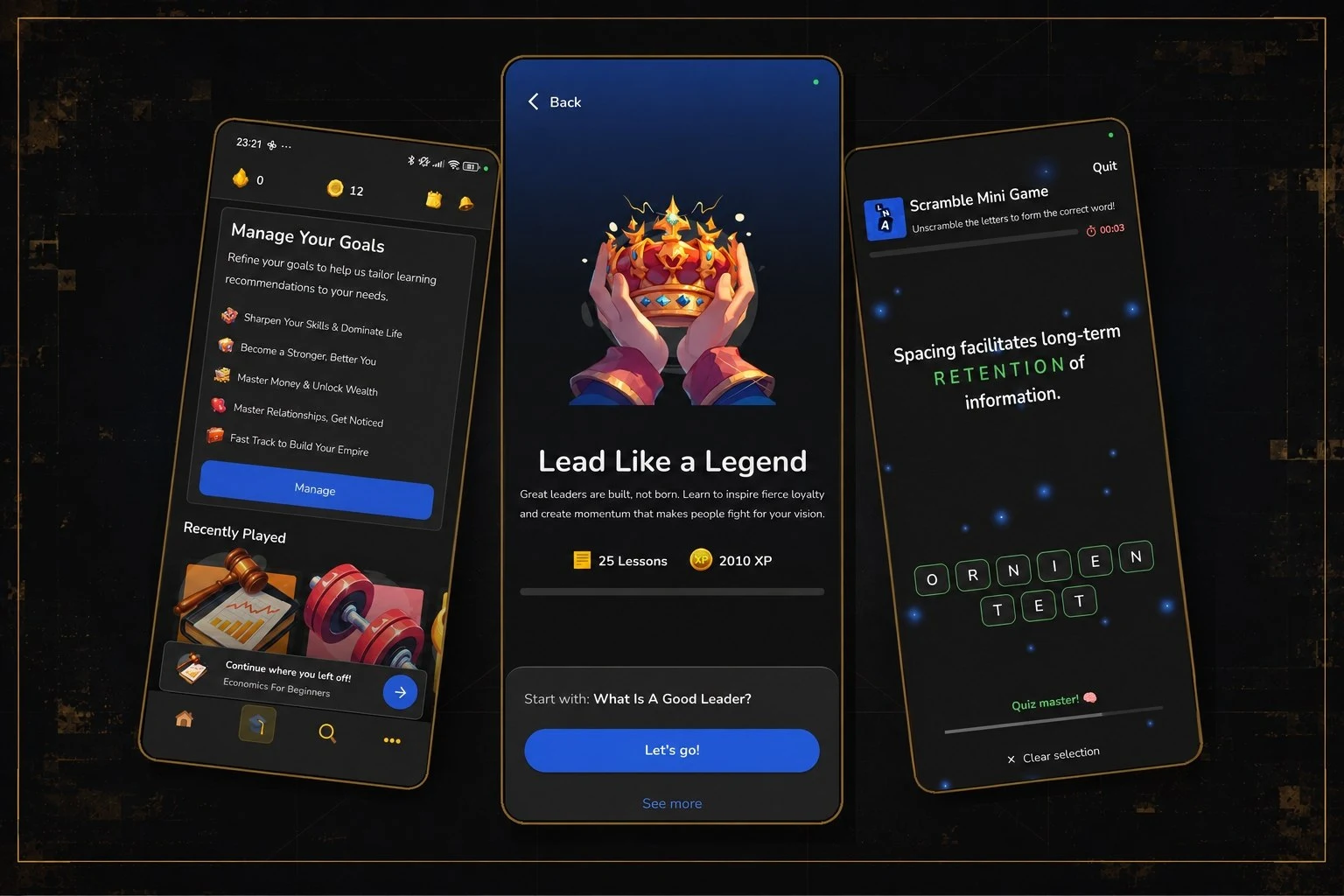 Drei Screens aus der Legacy-Academy-App: die Zielauswahl, eine Kursseite zu „Lead Like a Legend“ mit Lektionszahl und XP, und ein Wortspiel, das eine gelernte Lektion abfragt.